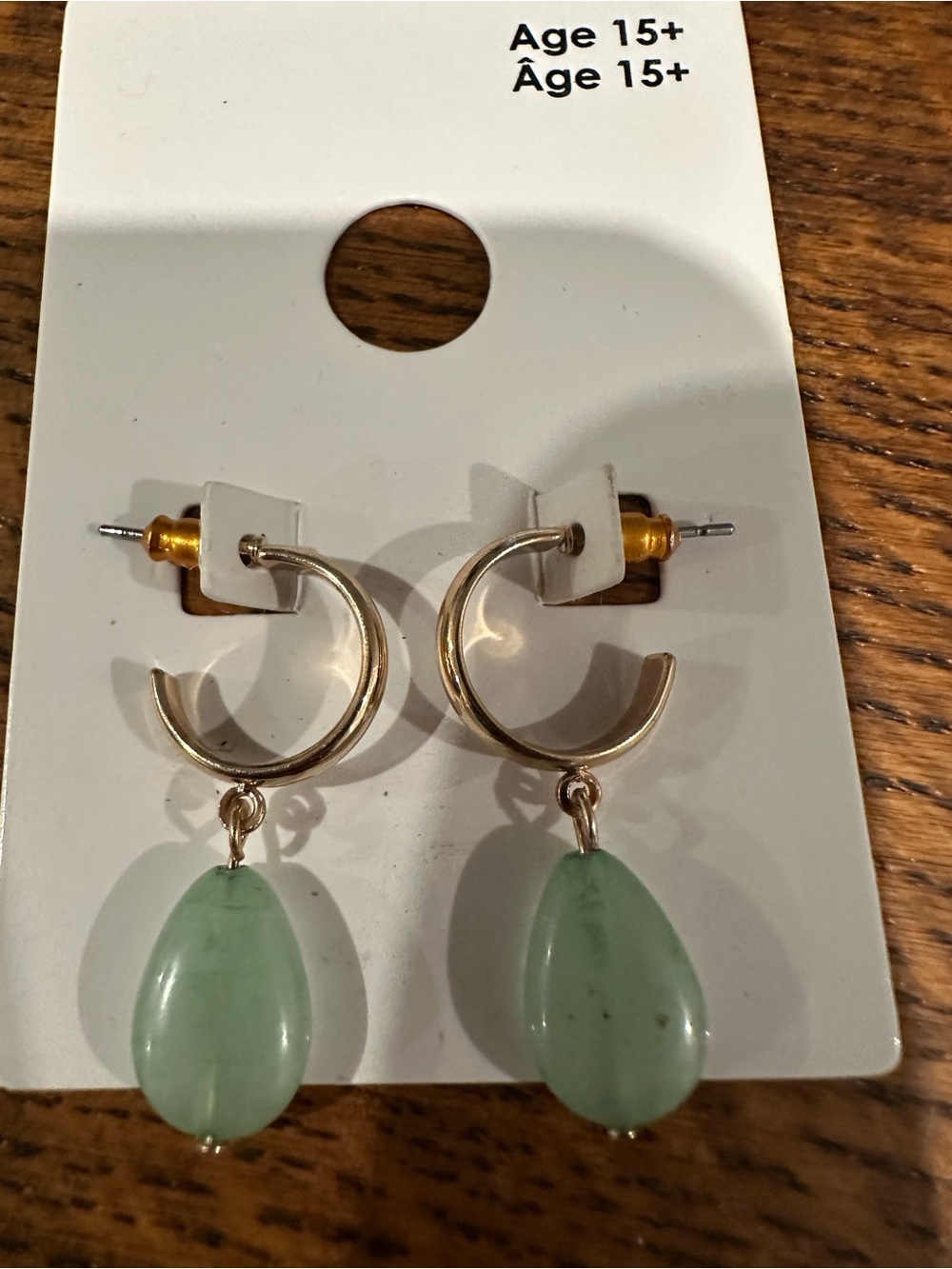 Gold Hoop Earrings with Pale Green Teardrop Pendants
